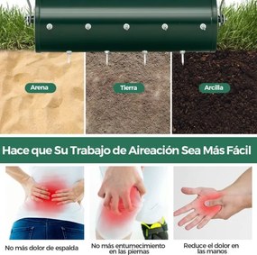 Rolo para relva com arejador de relva com rodas de 44 cm Cabo amovível de 128 cm e dentes para jardim e pátio Fácil de montar Verde