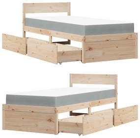 Cama com gavetas e colchão 90x190 cm madeira de pinho maciça