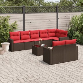 vidaXL 9 pcs conjunto sofás p/ jardim c/ almofadões vime PE castanho