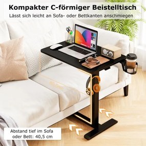 Mesa de computador com rodas ocultas, ajustável em altura com suporte para copos e gancho, preta