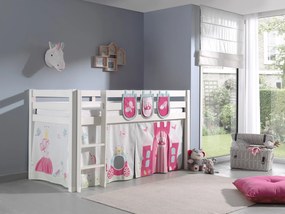 Conjunto Cama alta de Criança PINO 90 x 200 cm + estrado + escada + cortina + 3 bolsas Princesa Branca