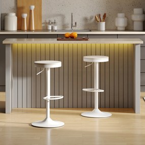 Conjunto de 2 bancos de bar, bancos giratórios com assento em madeira de seringueira, altura ajustável e apoio para os pés, branco