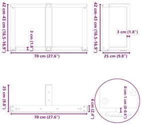 Pés para mesa de centro em forma de T, 2 peças, branco, 70x25x(42-43)