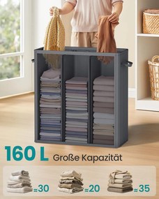 Cesto da roupa suja 160L, 64 x 33 x 75 cm com três compartimentos, tampa e saco interior lavável cinzento escuro