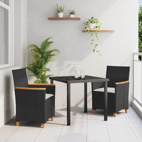 vidaXL Conjunto de Jantar Jardim 3 Peças com Almofadas Rattan PE Preto