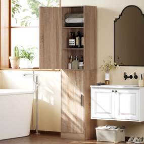 Armário de casa de banho 40 x 35 x 180 cm tipo coluna com 2 portas e 4 prateleiras ajustáveis, cor madeira natural