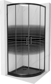 Mexen Rio cabine de duche semicircular 80 x 80 cm, faixas pretas, preto + base de duche Flat, preto - 863-080-080-70-20-4170B