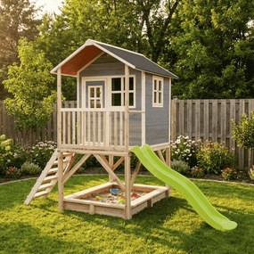 Casa de brincar infantil exterior para crianças Loft 500 em madeira com escorrega e caixa areia - Cinzenta