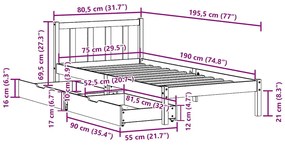 Cama sem colchão 75x190 cm madeira de pinho maciça castanho-mel