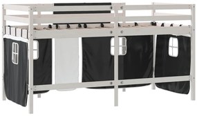 Cama alta criança c/ cortina 90x190cm pinho maciço branco/preto