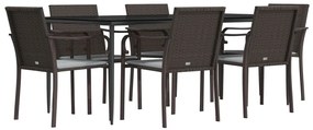 7 pcs conjunto de jantar p/ jardim c/ almofadões vime PE e aço