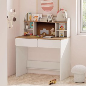 Secretária infantil 90 x 48 x 109 cm com estação de carregamento, tampo amplo, prateleiras ajustáveis e 2 gavetas para crianças para estudo,, branca