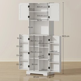 Armário alto de cozinha, 4 portas, bancada, 8 porta-especiarias, prateleiras ajustáveis, 60 x 40 x 181,5 cm, branco