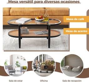 Mesa de centro oval de dois níveis com tampo em vidro temperado 102 x 46 x 46 cm, estante em vime e estrutura em madeira curvada para sala de estar ou