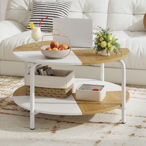 Mesa redonda de centro 80 cm de 2 níveis com prateleira e estrutura metálica Branco e Natural