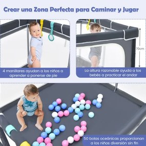 Parque infantil dobrável e portátil com dispositivo de bloqueio no chão Ventosas antiderrapantes 50 bolas 124x124x70cm Cinzento Escuro