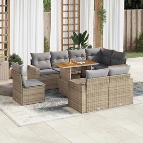 9 pcs conjunto de sofás p/ jardim com almofadões vime PE bege