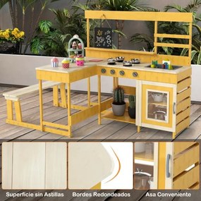 Cozinha de brincar com mesa de piquenique para crianças de madeira de abeto com banco Quadro negro Acessórios Utensílios Amarelo
