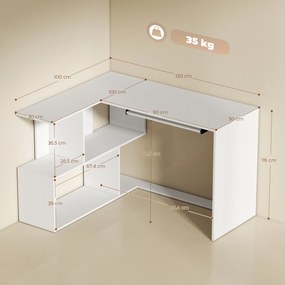 Secretária de canto 120 x 100 x 76 cm em L com prateleiras de arrumação, tabuleiro deslizante para teclado, branco
