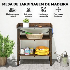 Mesa de Jardinagem de Madeira com Superfície Metálica Prateleiras e Ganchos para Jardim e Terraço 76x37x89 cm Carbonizado