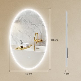 Espelho de casa de banho com iluminação, 80 x 50 cm, espelho LED oval, antiembaciamento, 3 cores de luz, intensidade regulável, transparente