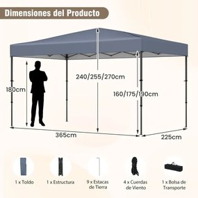 Tenda Pop Up, Jardim, Festas, eventos 360 x 220 x 240-270 cm com Bolsa de Transporte 9 Estacas 4 Cordas de Vento Cinzenta