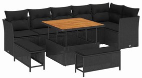 Conjunto de Sofá de Jardim com 9 Peças e Almofadas de Rattan Preto de