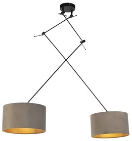 Candeeiro de suspensão preto com abajures de veludo castanho com dourado 35 cm 2-luzes - Blitz Country / Rústico,Rústico