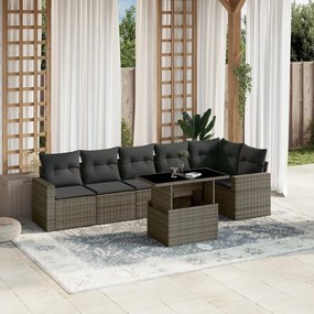 7 pcs conjunto sofás p/ jardim c/ almofadões vime PE cinzento