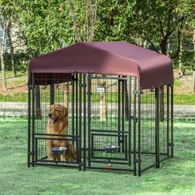 Parque para Animais de Estimação com Toldo de Tecido Oxford Gaiola para Cães 8 Painéis com 2 Comedouros Giratórios Porta com Fechadura para Jardim Ext