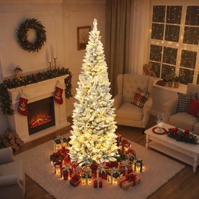 Árvore de Natal Estreita 210 cm com neve e com Luzes LED Bicolores 11 Modos de Iluminação 687 Ramos Suporte Metálico Verde