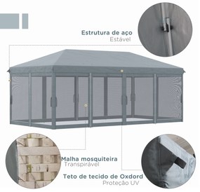 Tenda Dobrável 585x295x270 cm Tenda de Jardim com 6 Mosquiteiros Bolsa de Transporte e Estrutura de Aço Cinza