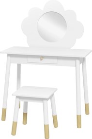 Conjunto de Toucador e Banco para Criança, 70 x 34 x 95 cm, Espelho em Forma de Nuvem, Branco