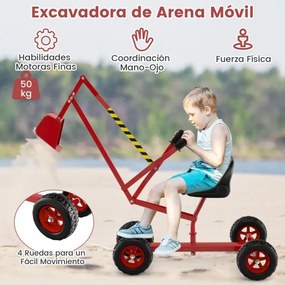 Conjunto de escavadora com assento giratório de 360 graus, 2 braços e 4 rodas antiderrapantes para crianças 122 x 40 x 66 cm, vermelho