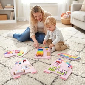 Painel de atividades Unicórnio 11 em 1 de madeira Montessori sensorial para educação infantil e sala de jogos rosa
