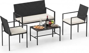 Conjunto de jardim de 4 peças em rattan para exterior: cadeiras, sofá, mesa de centro em vidro temperado e almofadas macias; ideal para jardim, alpend