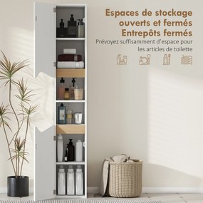 Armário de coluna estreito para casa de banho 30 x 34,6 x 180,5 cm, 2 portas, compartimentos abertos, prateleiras ajustáveis, branco