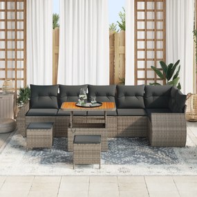 Conjunto de Sofá de Jardim de 9 Peças com Almofadas Cinza Rattan Poly