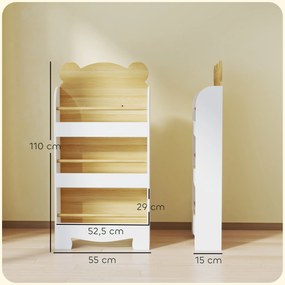 Estante Infantil de 3 Níveis Estante para Livros Infantil Desenho de Ursinho 55x15x110 cm Branco e Madeira