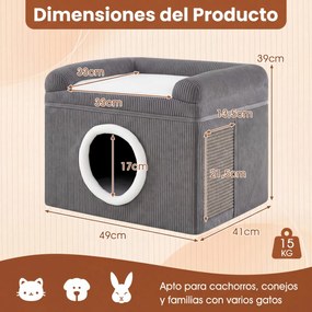 Cama para gatos de interior 49 x 41 x 39 cm - Grande caverna para gatos com condomínio, tapete de sisal para arranhar e almofada - cinzenta
