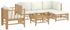 6 pcs conjunto lounge de jardim bambu c/ almofadões branco nata