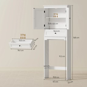 Móvel de casa de banho 62 x 23 x 168 cm com arrumação para cima da sanita, móvel de casa de banho com 2 portas, gaveta e prateleira ajustável, branco