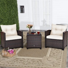 Conjunto Jardim de 3 peças 2 sofás e 1 Mesa com almofadas laváveis para jardim, piscina, varanda Castanho e Branco