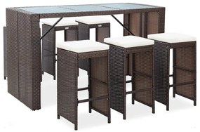 7 pcs conjunto bar para jardim c/ almofadões vime PE castanho
