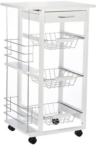 HOMCOM Carrinho de serviço para cozinha com rodízios multiuso 3 cestos de metal gaveta + 2 espaços para garrafas pinho branco | Aosom Portugal