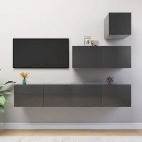 4 pcs conjunto de móveis de TV contraplacado cinzento brilhante