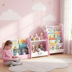 Estante Infantil 3-em-1, 4 Compartimentos, 3 Prateleiras, Mesa de Cabeceira para Quarto, Rosa.