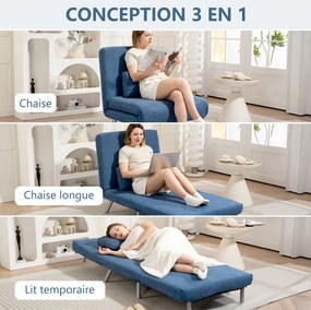 Poltrona convertível de 1 lugar, poltrona-cama clic-clac 3 em 1 com encosto ajustável, almofada, assento largo, azul