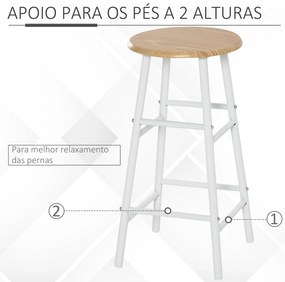 HOMCOM Conjunto de Móvel Bar Conjunto de Mesa Alta e 2 Bancos com Prateleira de Armazenamento e Estrutura de Metal para Cozinha Sala de Jantar 80x50x90cm Branco e Madeira