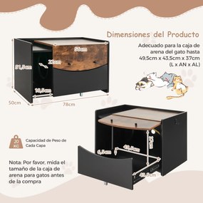 Caixa de areia para gatos com gaveta extraível, rodas e porta rebatível, mesa de cabeceira para casa de gatos 78 x 50 x 51,5 cm Preto